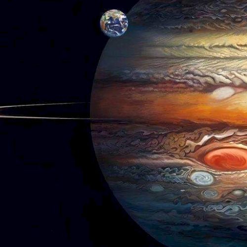 An artistic depiction of a large gas planet with swirling clouds, possibly Jupiter, with nearby moons in space.