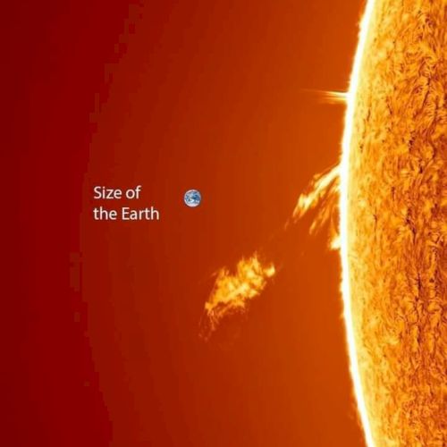The image shows the Sun with a small Earth icon for size comparison, highlighting the massive scale difference between Earth and the Sun.