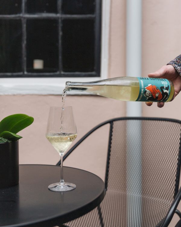 A person pours white wine into a glass on a black table beside a potted plant and a metal chair with a window in the background.