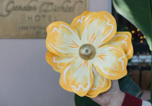 A person holds a bright yellow flower with a circular center in front of a hotel sign and green leaves, sunset lights in the background.