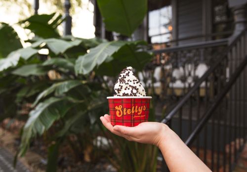 A hand holds a red cup labeled &ldquo;Bettys&rdquo; with a scoop of cookies and cream ice cream topped with chocolate chips, outdoors near greenery.