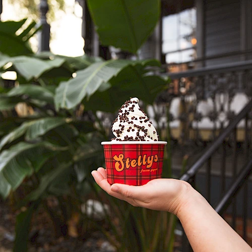 A hand holds a red cup labeled &ldquo;Bettys&rdquo; with a scoop of cookies and cream ice cream topped with chocolate chips, outdoors near greenery.