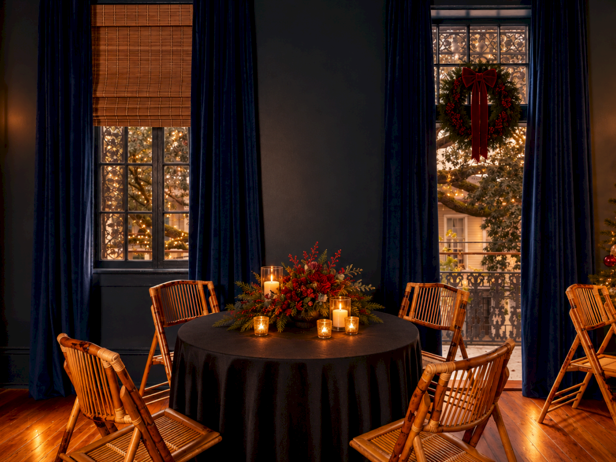 A cozy holiday dining nook with a round table, four wooden chairs, flickering candles, greenery, and Christmas lights at windows.